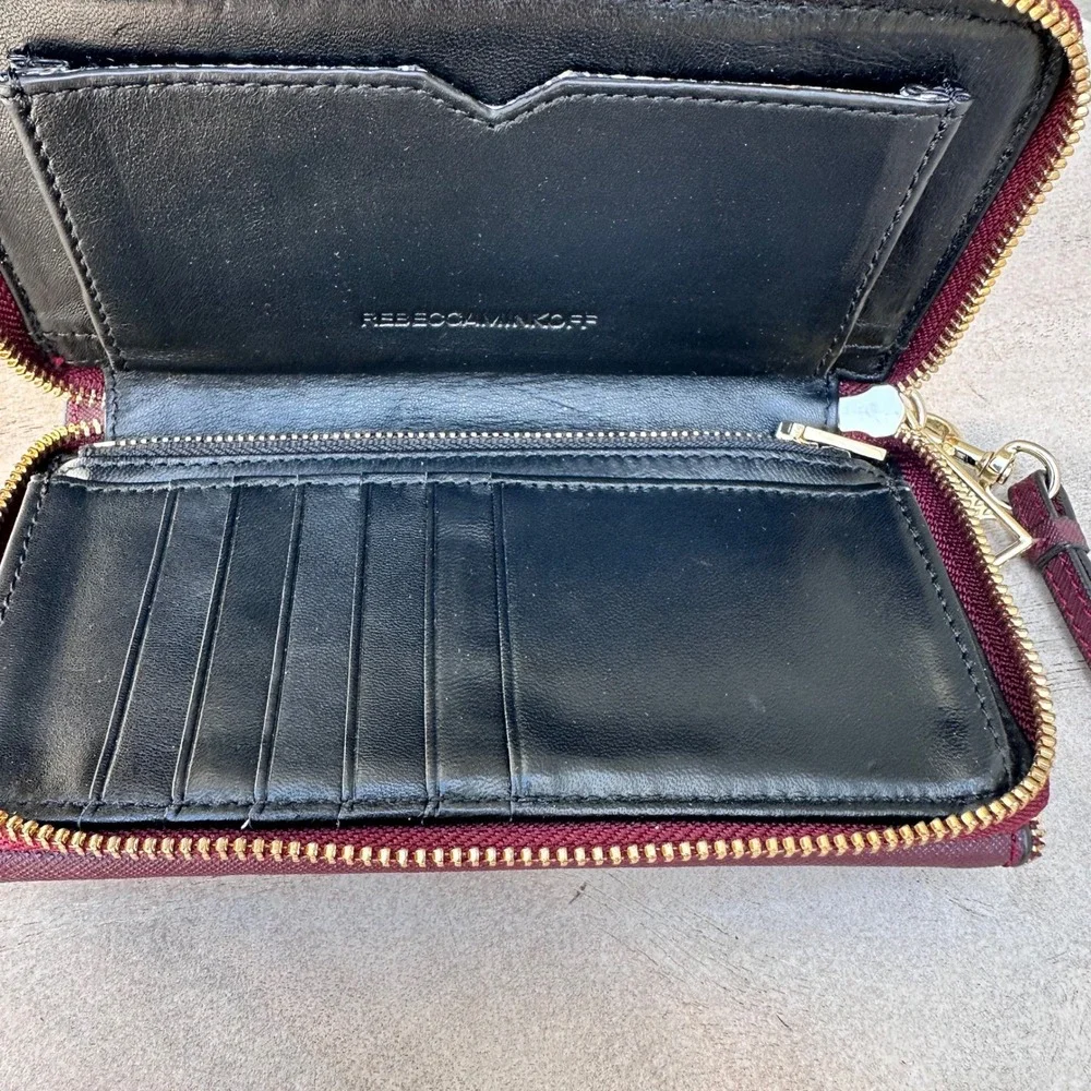 Rebecca Minkoff Molly Metro Zip Around Wristlet Wallet Port Wine Red Saffiano